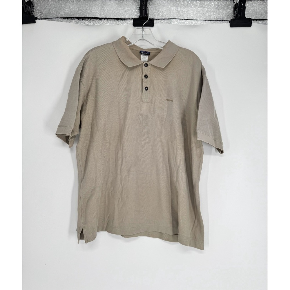 Patagonia Polo Shirt Mens Large Khaki 100% Organic Cotton Logo Short Sleeve Golf